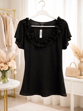 White House Black Market Black Sheer Ruffle Blouse Medium Elegant Feminine Top